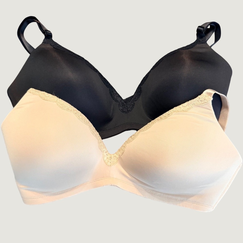 NWOT Ellen Tracy 36D 2 Pack Full Coverage T-Shirt Bras Lace Trim Black Nude